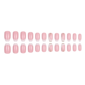 Pink and white French press-on nail set with golden floral patterns and 24 glossy pieces