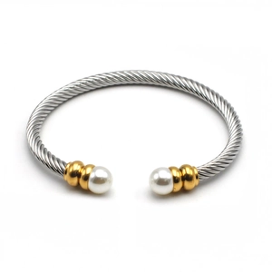 Twisted stainless steel cable wire bracelet with pearls and gold accents for women