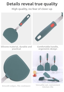 Detail of dark green silicone spatulas with stainless steel handles and non-slip dots