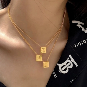 Three-layer gold titanium steel necklace with square letter pendants C J Z for women