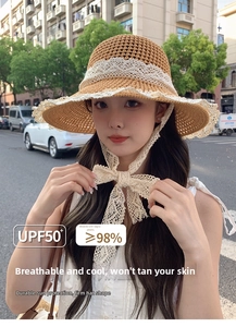 Detailed macro view of woven straw hat texture with white lace ribbons and UPF50+ protection