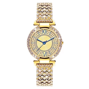 Montre de luxe dorée pour femme avec lunette sertie de cristaux et aiguilles bleues