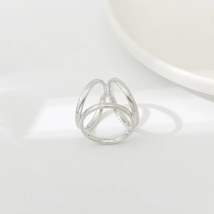 Close-up of three interlocking silver rings on a white ceramic plate for silk scarf styling