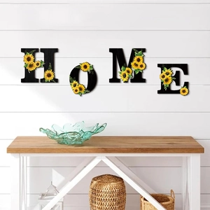 Decoración de pared HOME de madera rústica con girasoles y diseño de hojas verdes