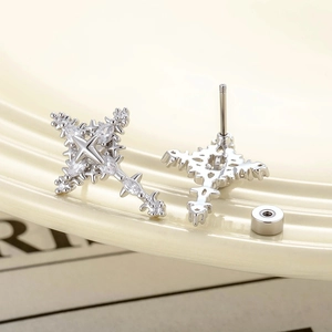 Silver micro-set zircon cross stud earrings with star lace design for couples