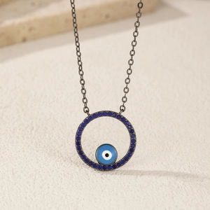 S925 sterling silver evil eye pendant necklace with blue crystals and gunmetal chain