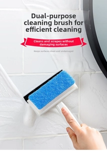 Close-up of dual-function cleaning brush with blue sponge head and rubber squeegee blade