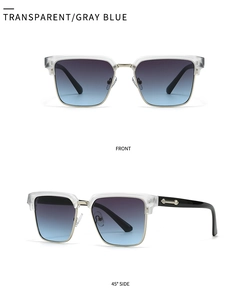 Front and 45-degree side view of square oversized sunglasses with gray blue gradient lenses