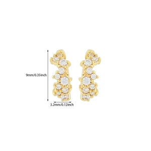 Detail view of gold cubic zirconia stud earrings with dimensions of 9mm by 3.2mm