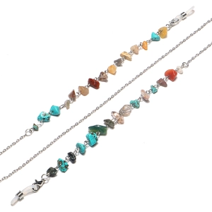 Detail of colorful natural stone eyeglass chain with silver metal clips and silicone loops