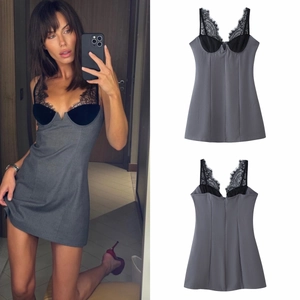 Mini Vestido Patchwork Encaje Tirantes Finos Cuello En V Ajustado Sexy Gris Negro Poliéster Sin Mangas Bodycon
