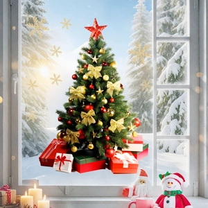 Christmas tree window static stickers set with gift boxes and holiday decor on snowy forest