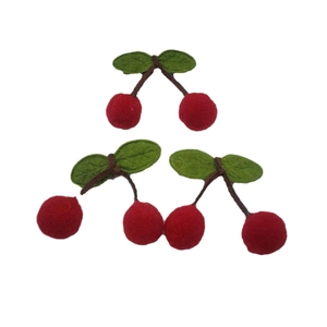 Handmade cherry felt hair clips with red pom pom balls and green leaves for girls