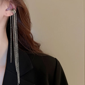 Silver long tassel ear cuff with chain fringe design on a model's ear for style