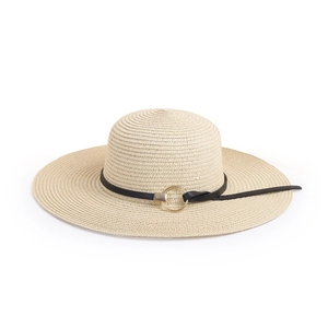 Detailed weave of beige straw sun hat with black leather strap and gold metal buckle