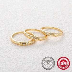 Three-piece set of S925 sterling silver gold-plated moissanite star rings with fine engraving