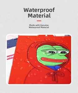 Macro view of waterproof cartoon stickers showing clear water droplets on Pepe the Frog