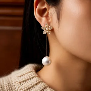 Elegant 18k gold plated pearl flower drop earrings shown on model for luxury style