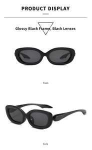 Detailed front and side views of glossy black oval sunglasses with dark lenses