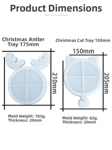 Detaillierte Maße für Weihnachts-Rentier- und Katzen-Silikonformen zum Basteln von DIY Harz