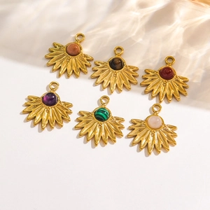 Bohemian Fan Shaped Natural Stone Inlaid Stainless Steel Charms Pendants Sunburst Design For DIY Jewelry Making