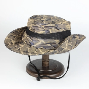 Detail view of camouflage sun hat with breathable black mesh and adjustable chin strap
