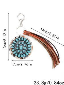 Detailed size specifications for turquoise cactus keychain with colorful leather tassels