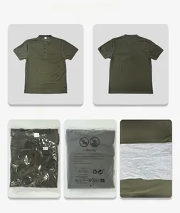 Olive green knit Henley shirt featuring front pocket and protective packaging details