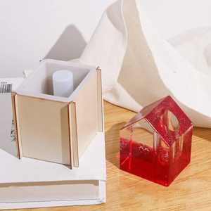 Stampo per vaso a casa quadrato in silicone con supporto in legno e resina rossa