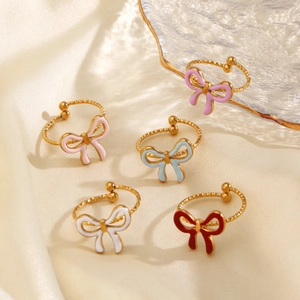 Bowknot Ring Stainless Steel Adjustable Enamel Drip Oil Gold Plated Fashion Jewelry For Women