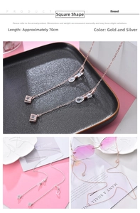 Detail of 70cm gold and silver glasses chains featuring square crystal pendants and grips