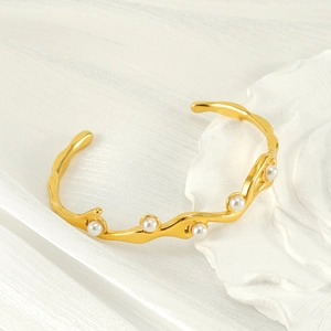 Irregular Wave Open Bangle Stainless Steel 18K Gold Plated White Artificial Pearl Bracelet Adjustable Elegant Jewelry For Women