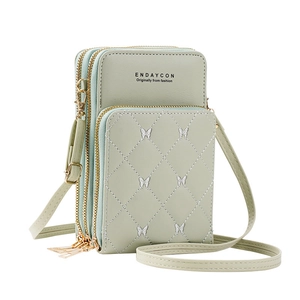 Light green quilted leather crossbody phone bag with butterfly embroidery and three zippers