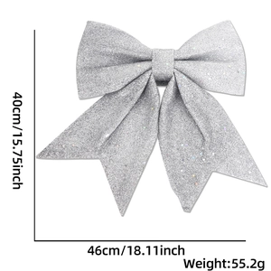 Détail du grand nœud de Noël argenté pailleté, dimensions 40x46cm et poids de 55,2g