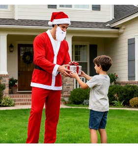 Outdoor shot of a classic 5-piece Santa Claus costume including hat, beard, and red suit