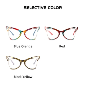 Detailed view of cat-eye frames in blue-orange, red-leopard and black-yellow patterns