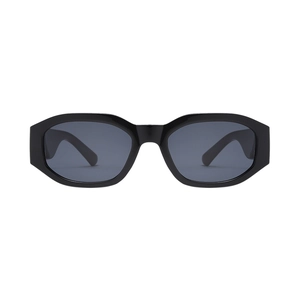 Retro rectangle thick frame sunglasses with dark grey lenses in a sleek black finish