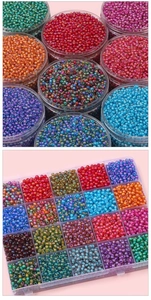 Macro shot of 4mm colorful glass seed beads organized in clear jars and sorting boxes
