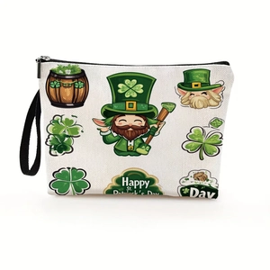 St. Patrick's Day canvas makeup bag featuring lucky leprechaun and clover prints