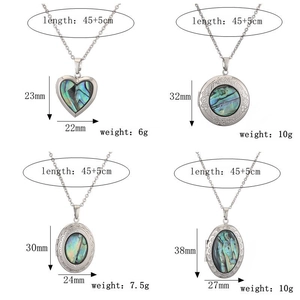 Detail showing dimensions of natural abalone shell locket necklaces in various shapes