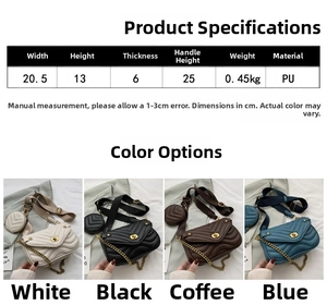 Spécifications détaillées du sac bandoulière matelassé en PU avec chaîne et bourse