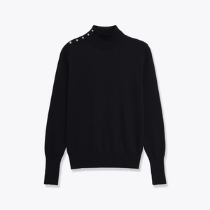 Black long sleeve knit sweater with turtleneck and gold shoulder buttons on white background