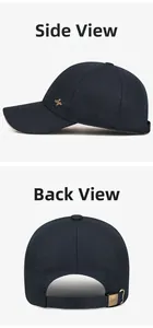 Detail of navy business cap with golden eagle emblem and adjustable metal sport buckle