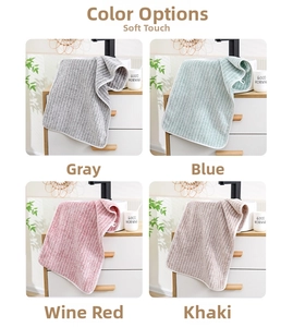 Detail of striped coral fleece towels in grey, blue, burgundy, and khaki colors