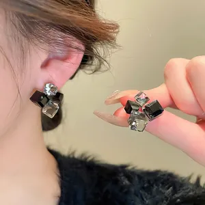Geometric Square Stud Earrings With Faux Crystal Alloy And 925 Sterling Silver Earring Post Trendy Niche Style For Women