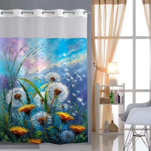 Detail of silver metal grommets on waterproof polyester shower curtain with floral art
