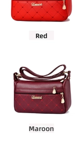Detail view of red and burgundy soft leather shoulder bags with quilted heart patterns
