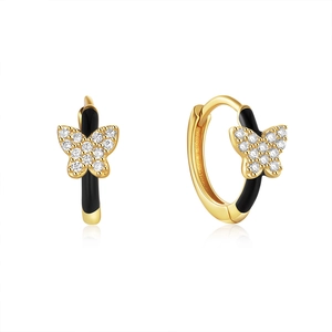 Detailed view of 925 silver butterfly hoop earrings with black enamel and white zircons
