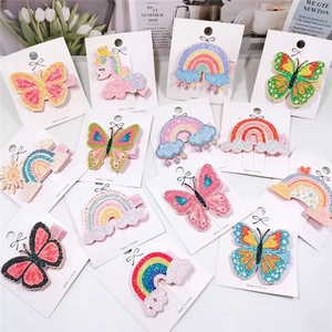 Glitter hair clips set featuring colorful unicorn, butterfly and rainbow for girls