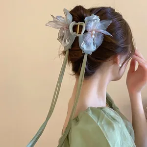 Butterfly Bow Hair Claw Clip With Long Organza Streamer Faux Artificial Pearl Elegant Chinese Style Fairy Hair Accessories For Women